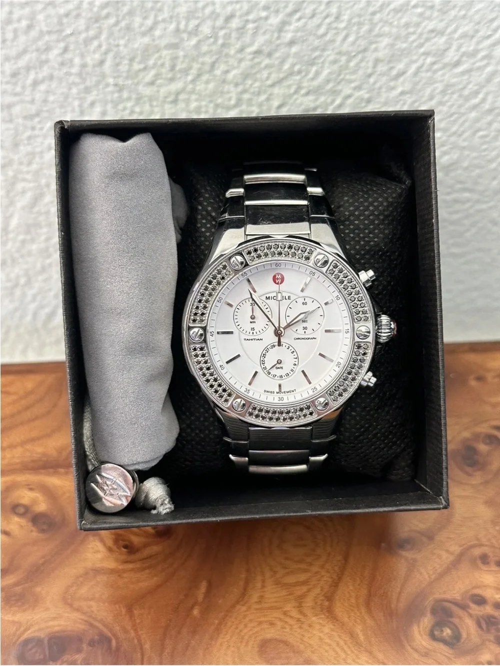 Unique & Rare Michele Tahitian Black Diamond & SS Band Chronograph Ladies Watch